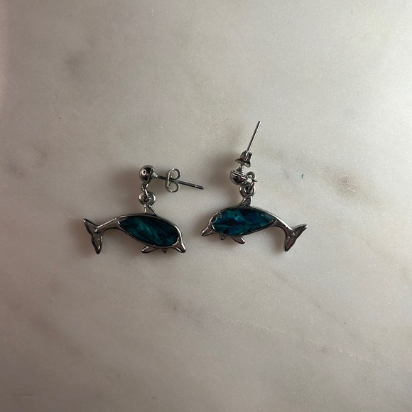 4️⃣for$20 new handmade blue turquoise abalone gemstone dolphin dangle earring - Picture 2 of 3